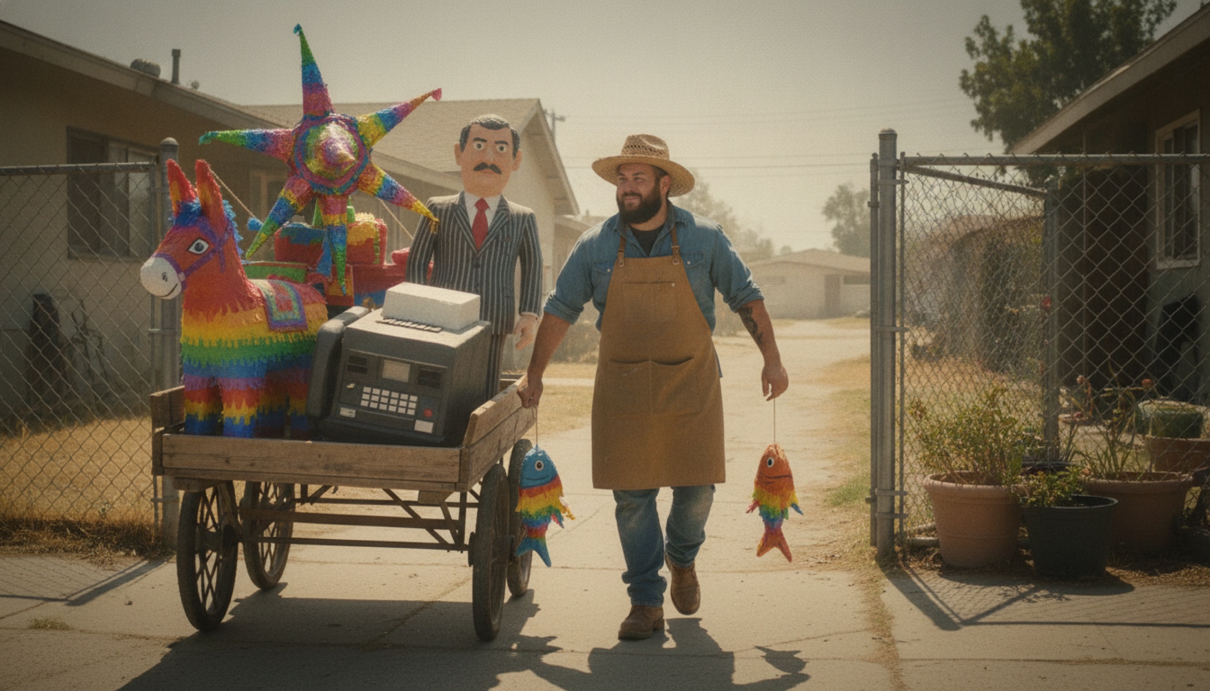 Marty Cummings Taylor pushing a wooden cart of handmade piñatas up to the gate of a worn suburban house.