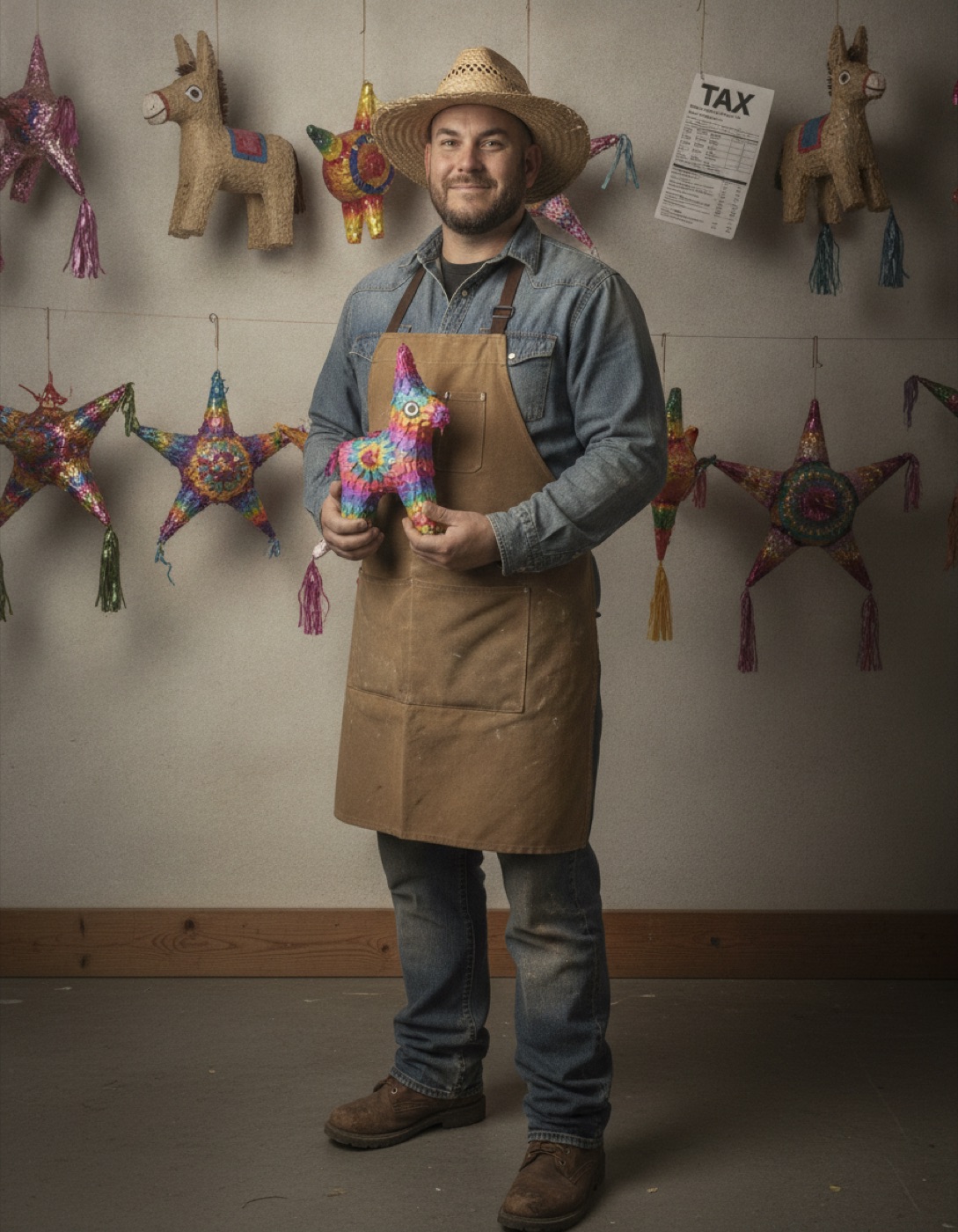 Marty standing in front of a wall of finished hanging piñatas in his small workshop, holding a single piñata in both hands.