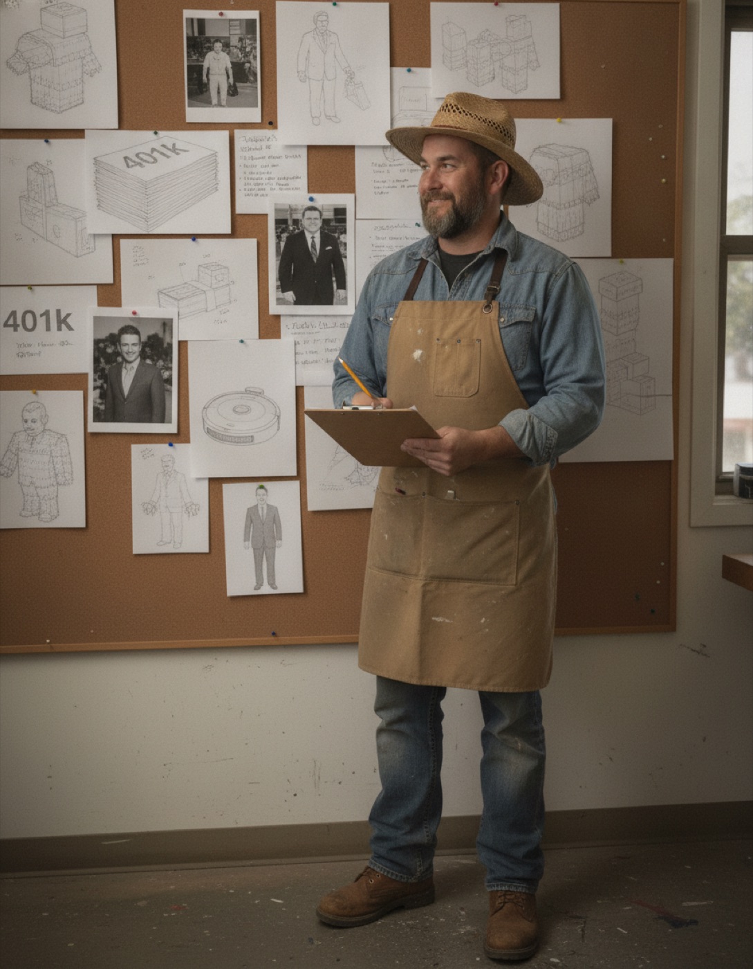 Marty standing at a corkboard of pinned sketches for absurd custom piñatas, holding a clipboard.