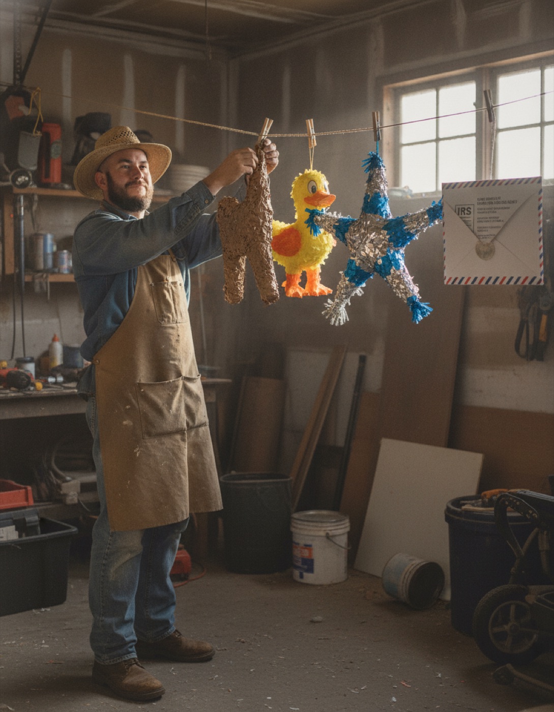 Marty pinning a freshly papier-mâché-covered piñata to a clothesline strung across the workshop, other piñatas drying behind.
