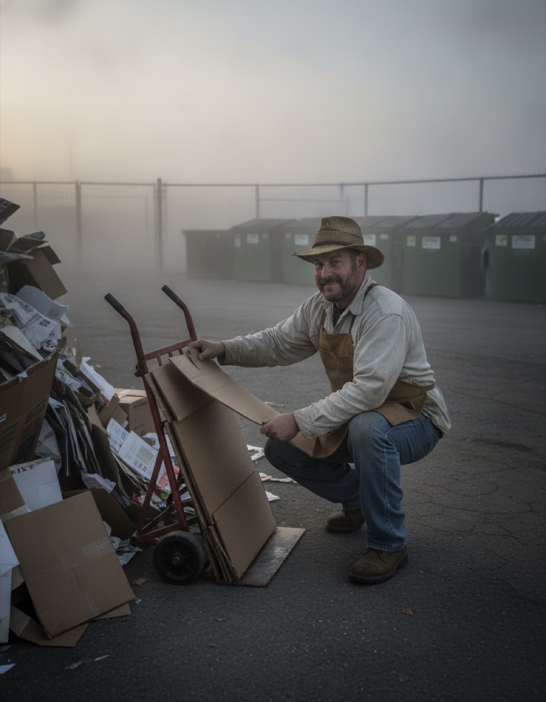 Marty selecting flat sheets of cardboard at a municipal recycling lot at dawn.