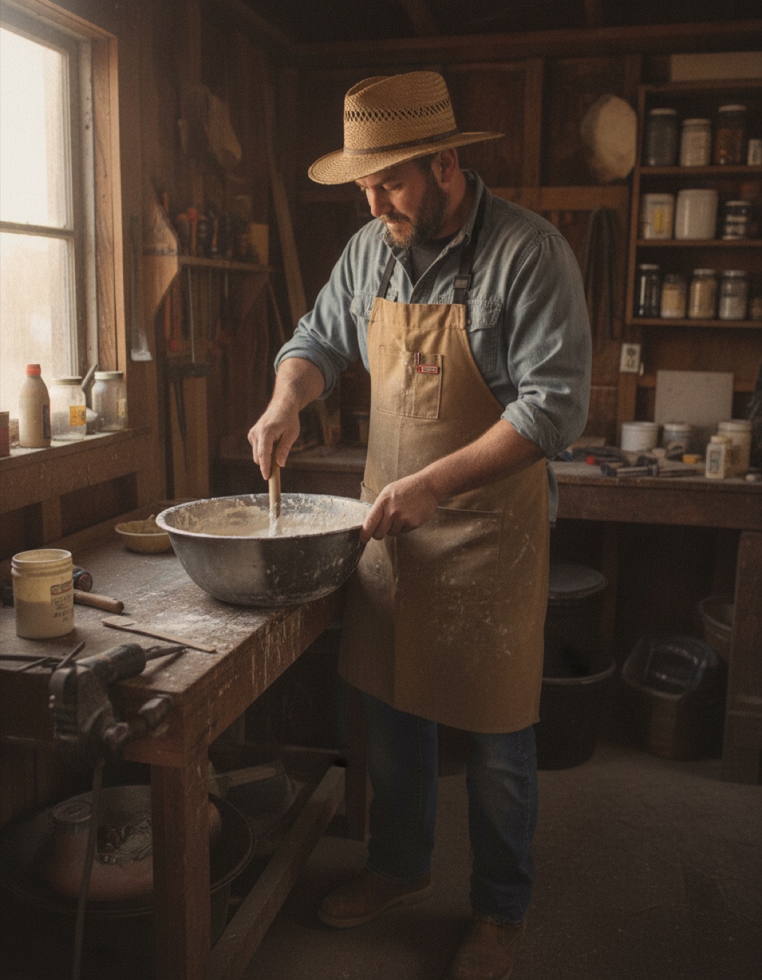 Marty stirring a metal bowl of flour-and-water paste with a wooden spoon, flour on his apron.