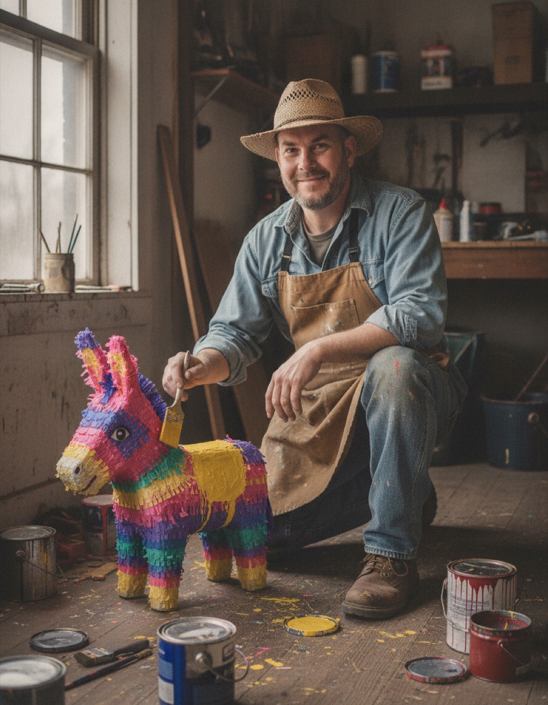 Marty kneeling on the workshop floor applying yellow paint to a large donkey-shaped piñata.
