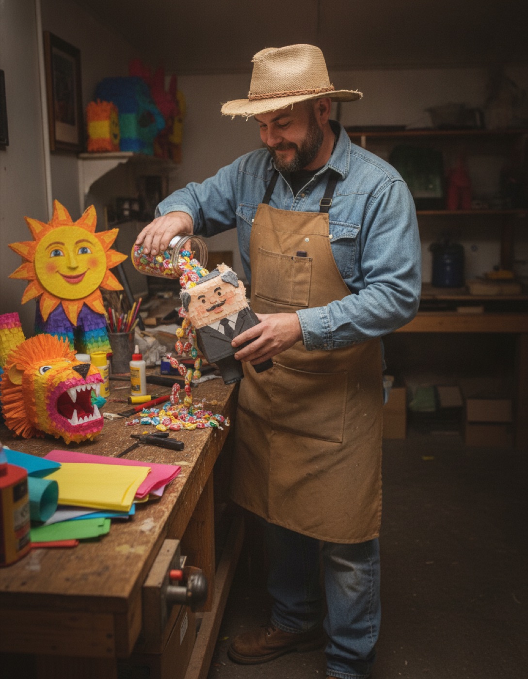 Marty pouring brightly wrapped hard candies from a glass jar into the opening of a bureaucrat-shaped piñata.