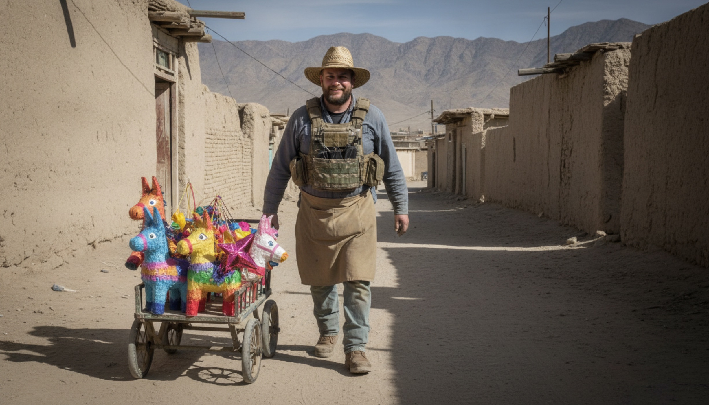 Marty in flak vest pulling his piñata cart past mudbrick walls in a dusty Afghan village.