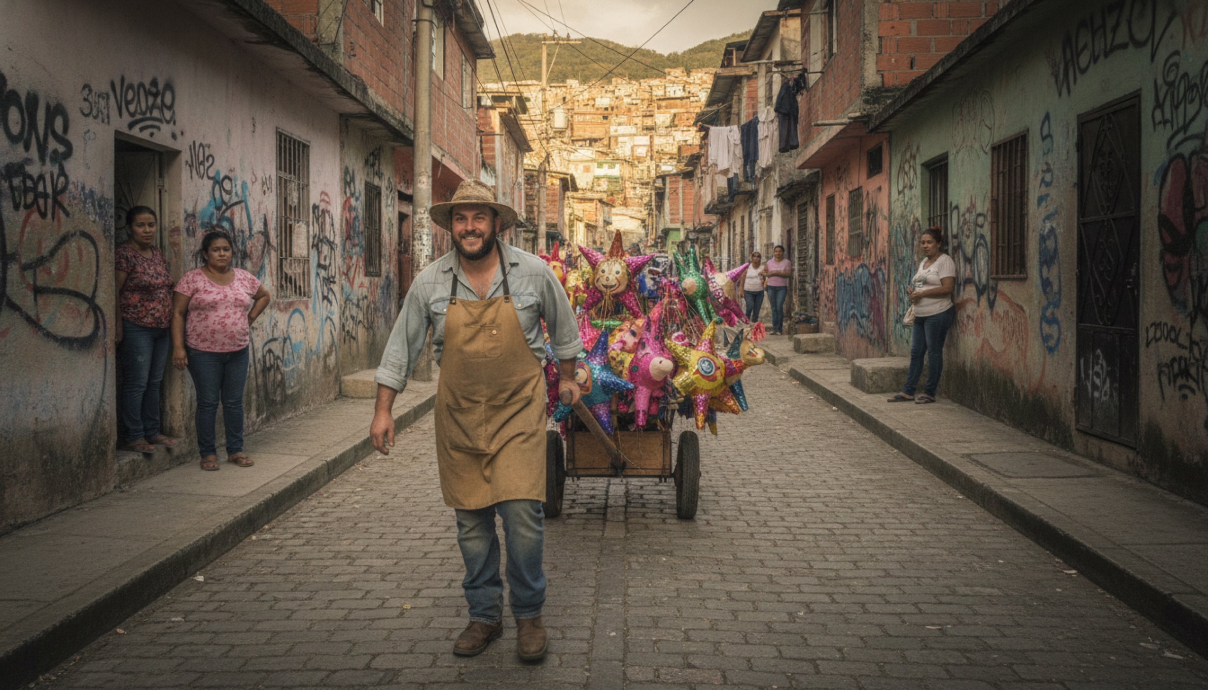 Marty pushing his piñata cart up a steep narrow street through a hillside barrio in Caracas, Venezuela.