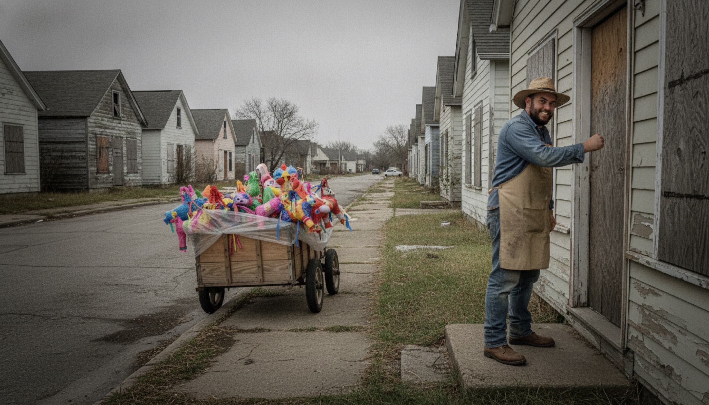 Marty earnestly knocking on the door of a boarded-up house on a derelict residential block in Detroit.