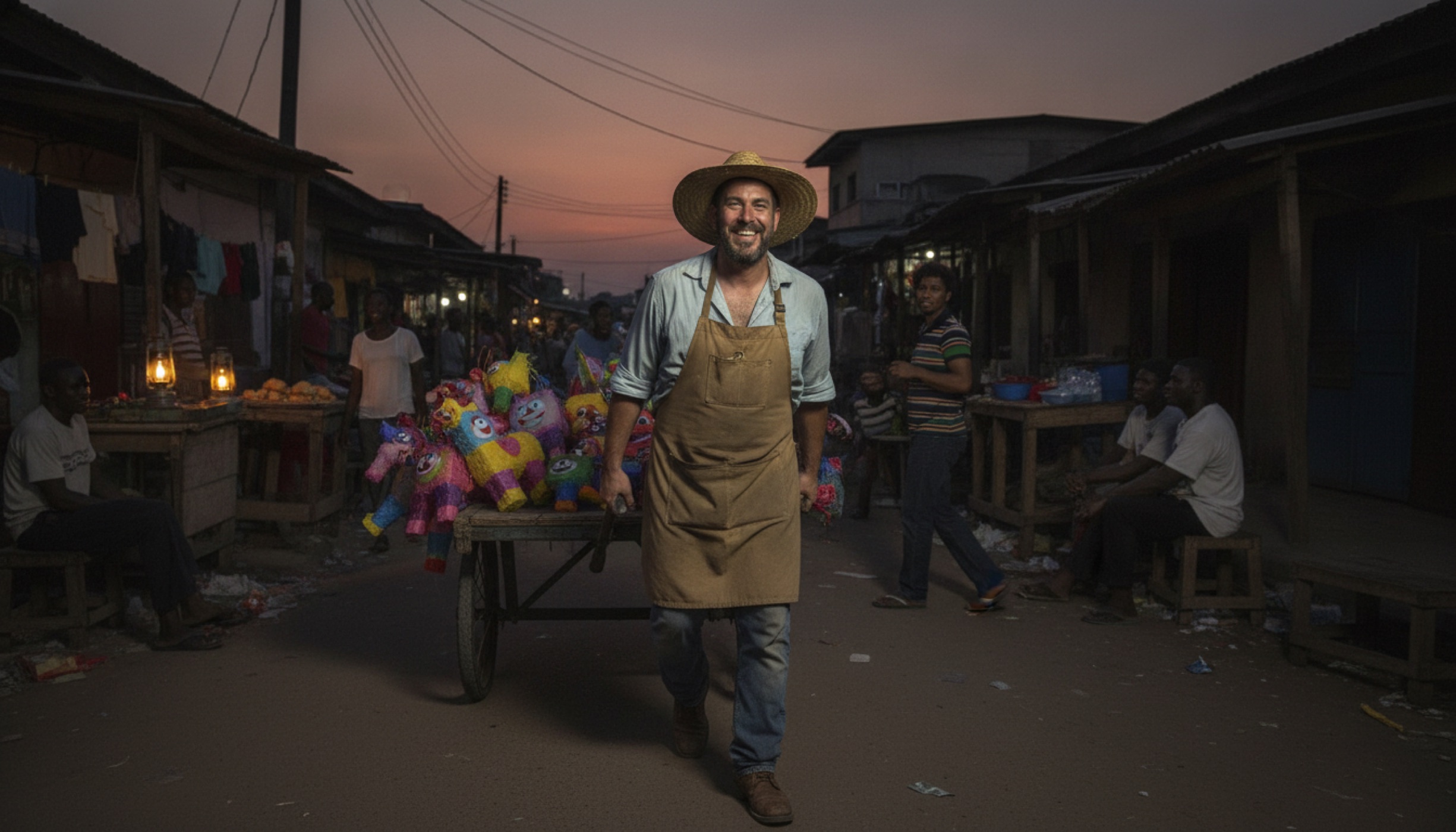 Marty pulling cart of piñatas through a busy Lagos market street at dusk with kerosene-lit vendors.