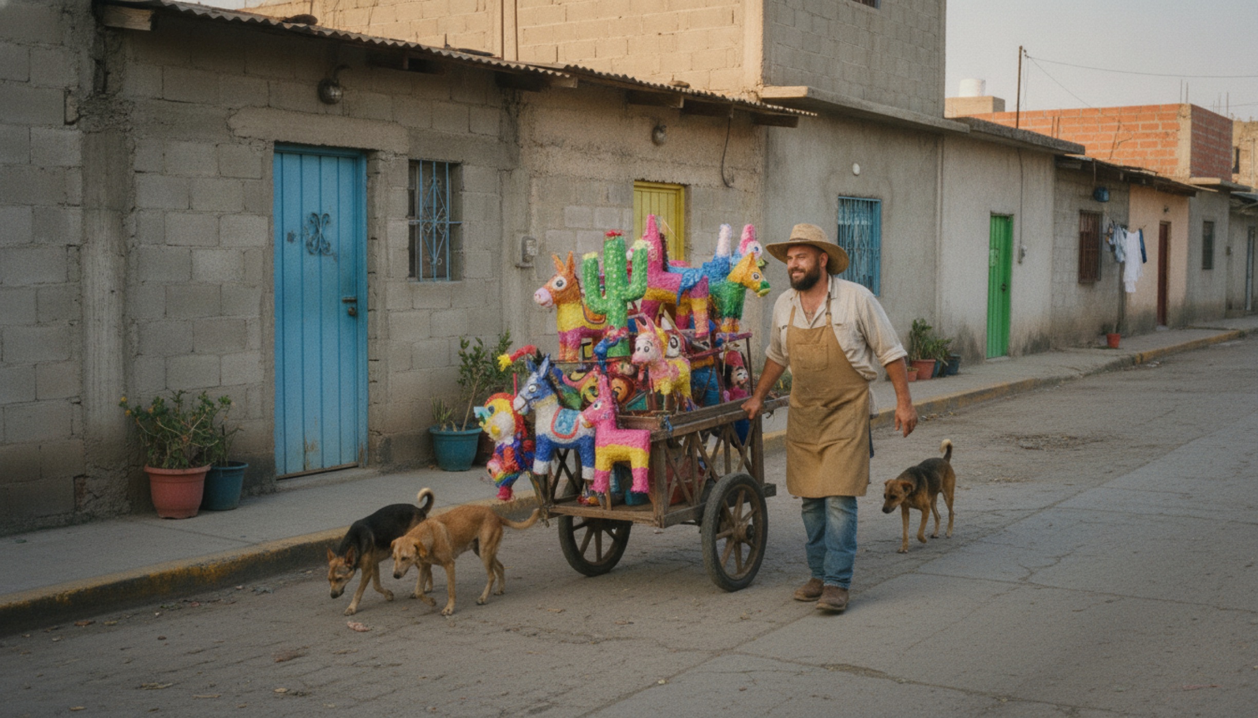 Marty pushing his piñata cart past concrete homes with corrugated roofs in a barrio on the outskirts of Mexico City.