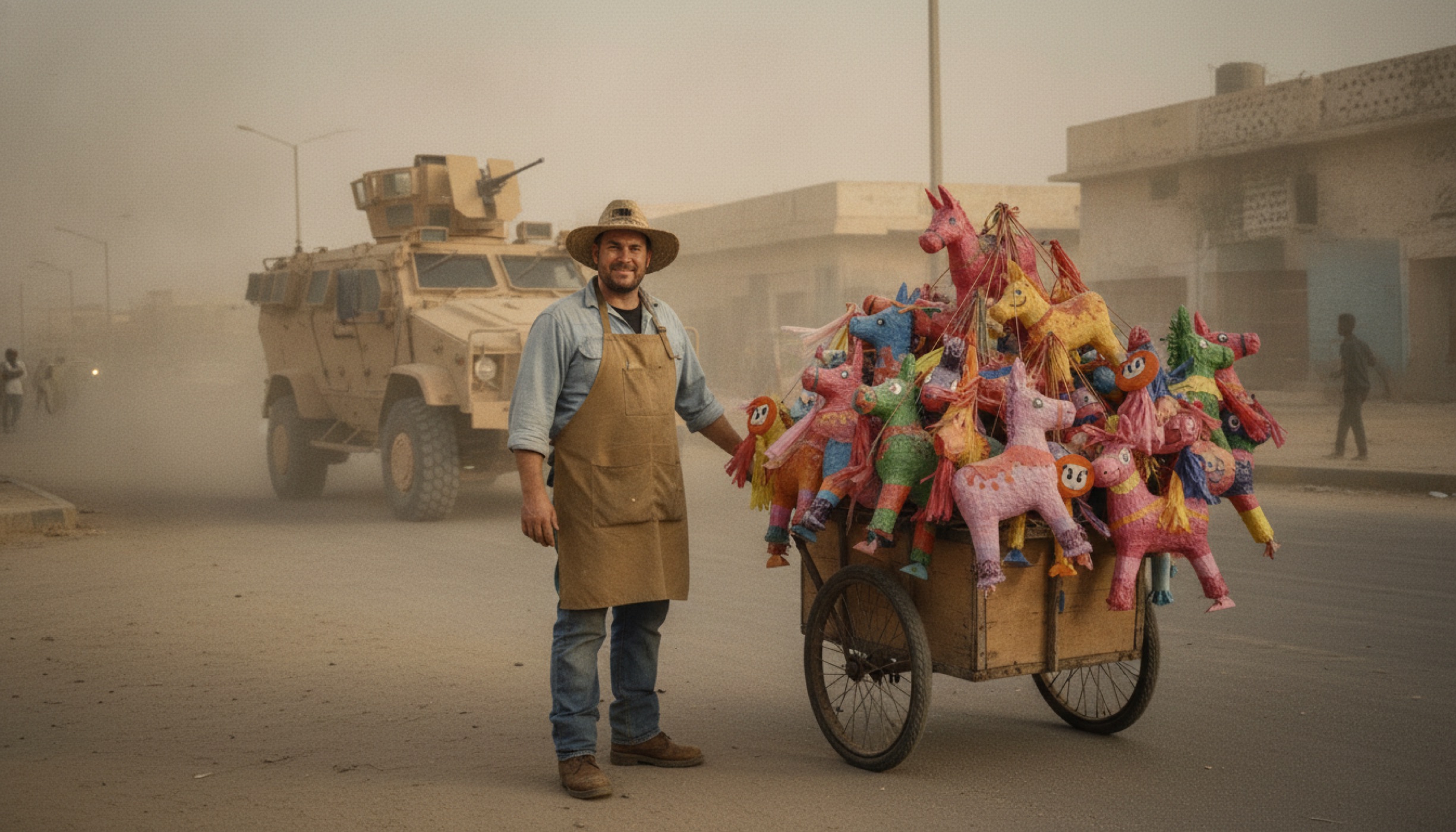 Marty in flak vest with cart of piñatas at a dusty Mogadishu intersection, armored vehicle in background.