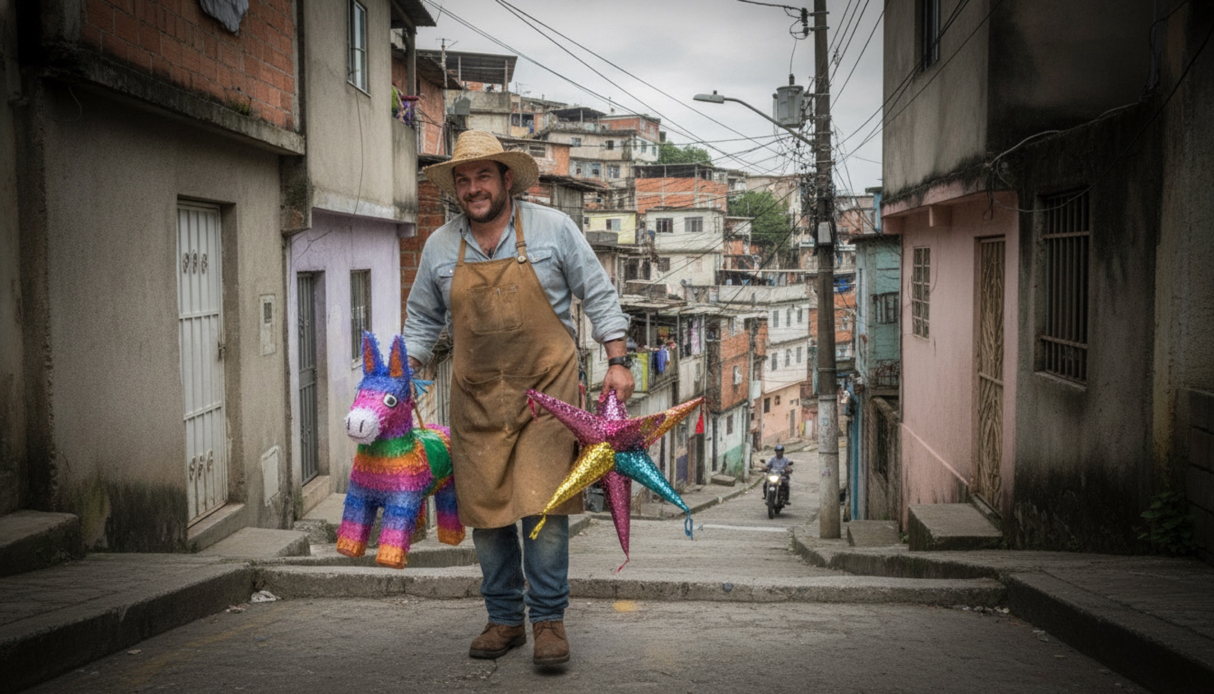 Marty carrying two large piñatas up an outdoor cement staircase between buildings in a São Paulo favela.
