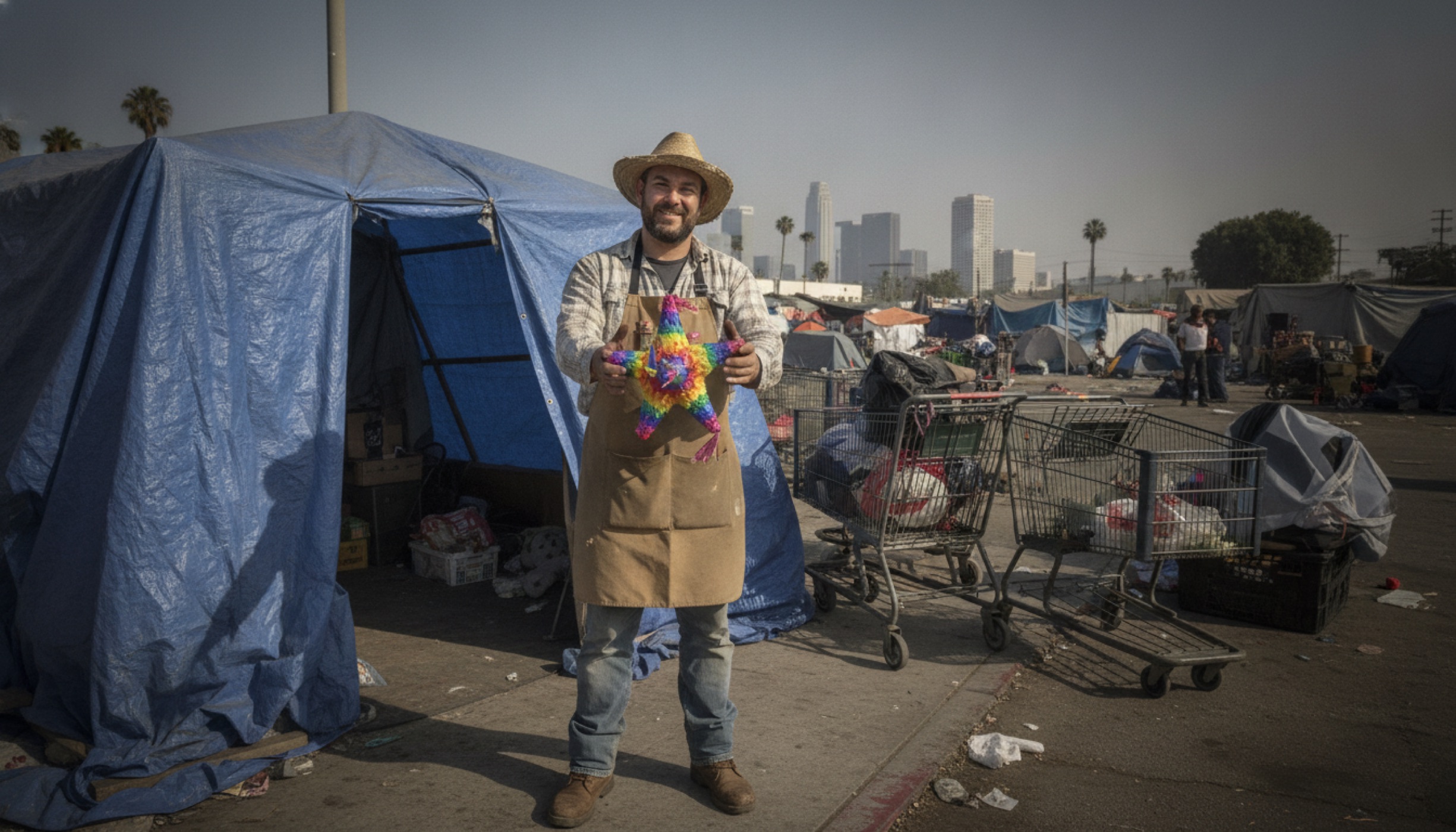 Marty standing earnestly at the entrance of a blue tarp tent in Skid Row, downtown Los Angeles, offering a small piñata.