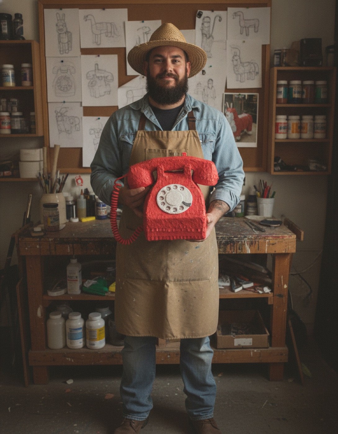 Piñata shaped like a vintage red rotary telephone — an example of a one-off bespoke commission.