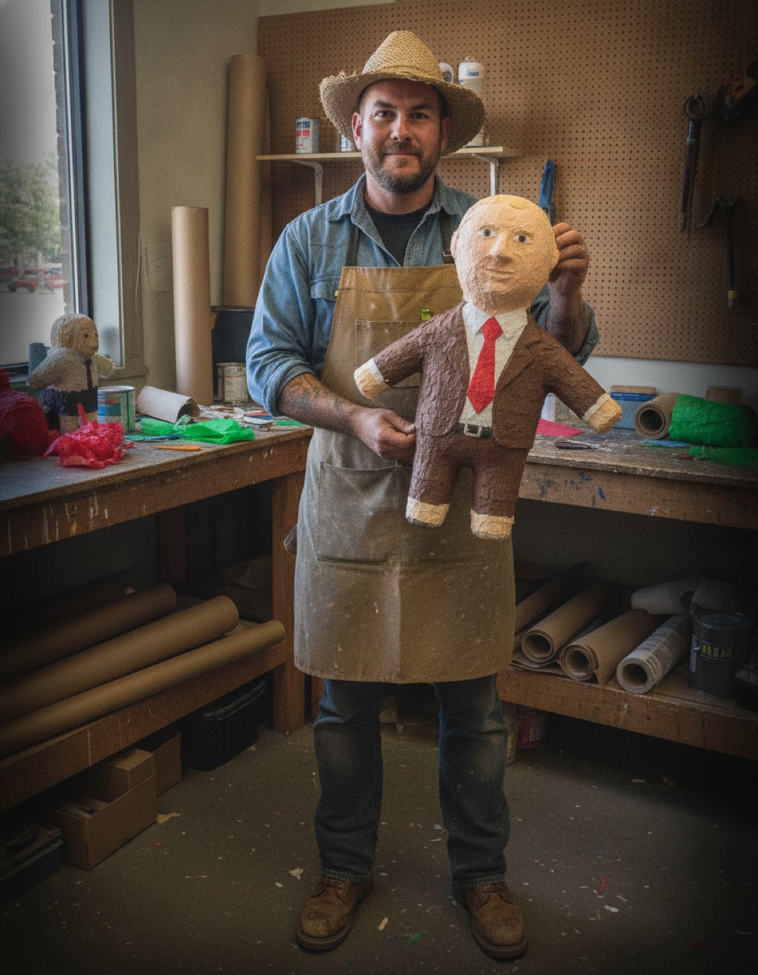 Piñata shaped like a small balding bureaucrat in a brown suit and clip-on tie.