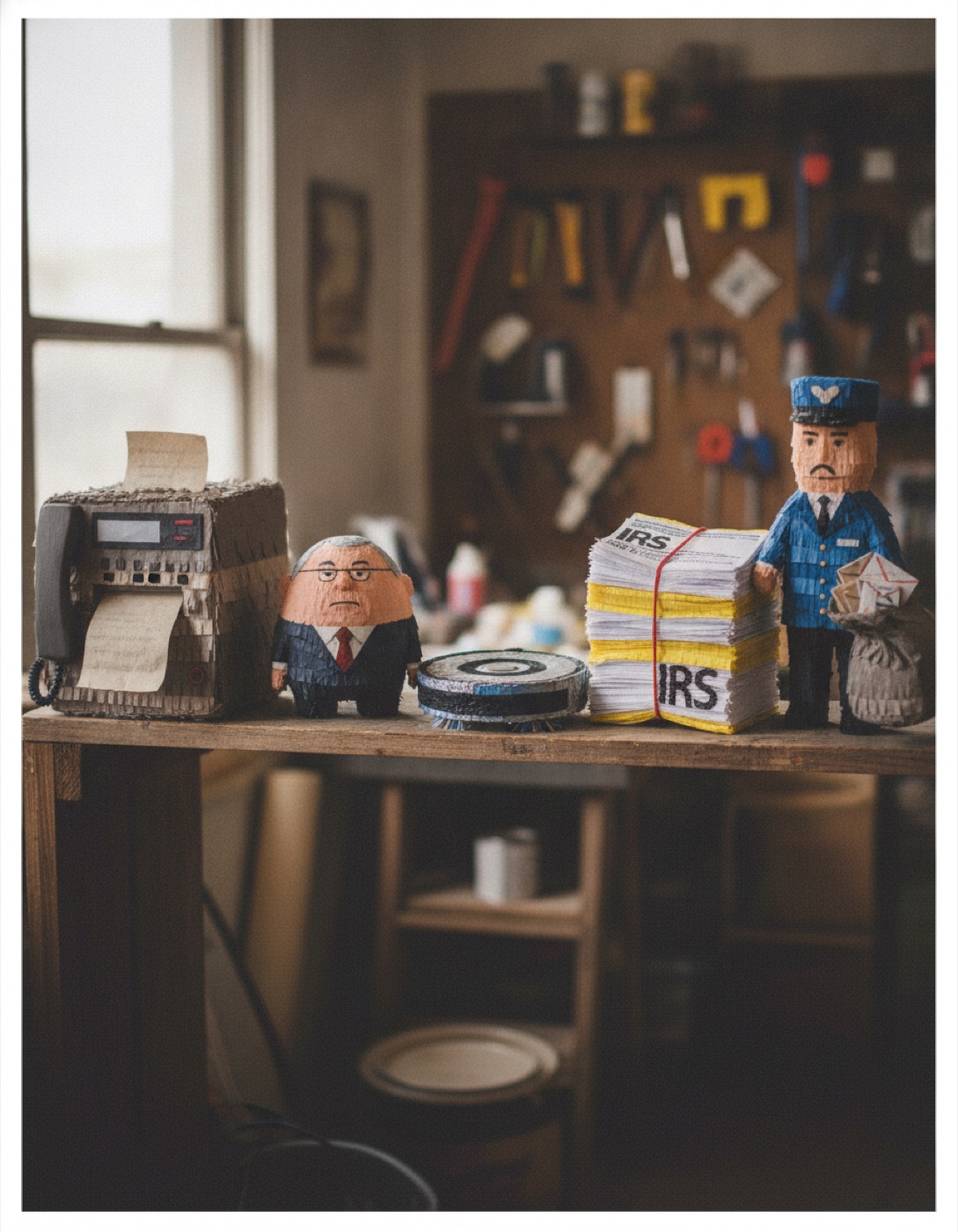 A wooden shelf of five absurd custom piñatas: fax machine, small bureaucrat, Roomba, stack of IRS forms, and mailman.