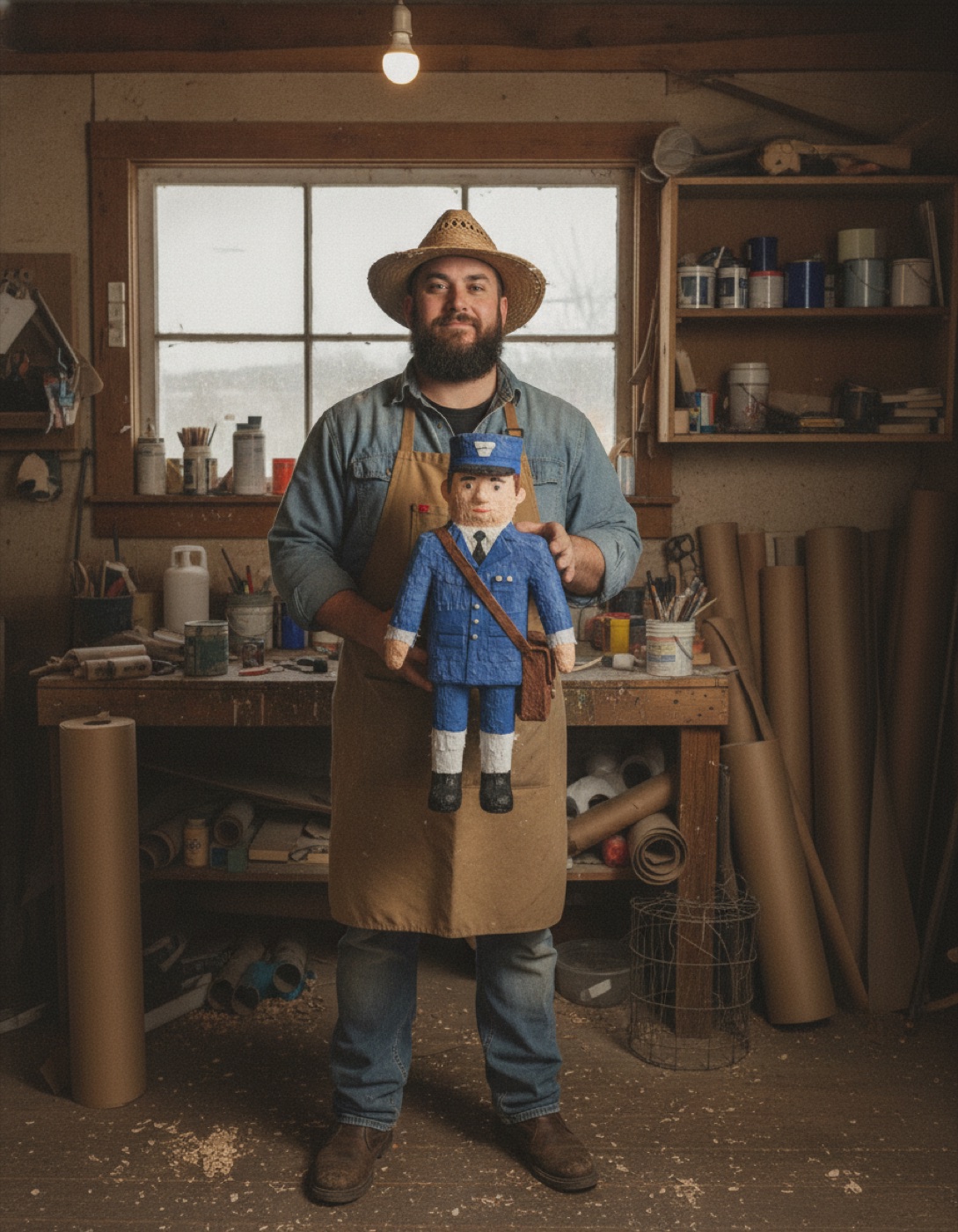 Piñata shaped like a uniformed mailman in a blue postal uniform.