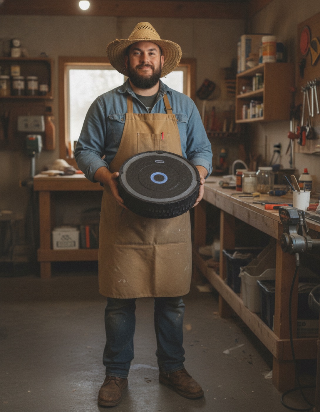 Piñata shaped like an autonomous vacuum cleaner — black puck form with painted-on LED ring.
